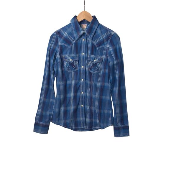 True Religion Top Womens XS Blue Plaid Pearl Snap Yoked Western Rodeo Riding - Picture 1 of 16